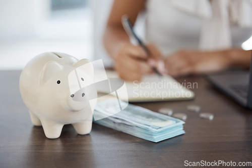 Image of Piggy bank, money and woman mortgage loan savings planning or wealth growth economy. Finance accounting worker, retirement investment insurance and budget security strategy development in office