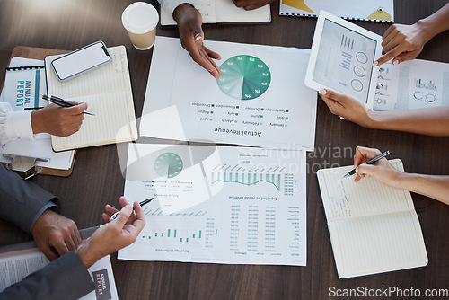 Image of Revenue, finance and hands of business people in meeting planning sales growth ideas for global financial profit increase. Accounting, finance and team of accountants working on company analytics