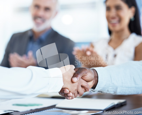 Image of Business, partnership and handshake diversity deal with corporate partners clapping. Crm, meeting and team thank you hand gesture showing support, motivation and b2b success of teamwork and trust