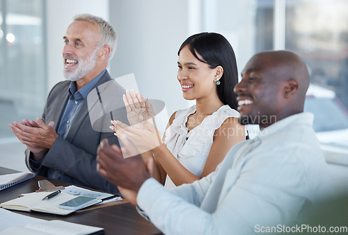 Image of Business meeting applause, success and celebration in a corporate diversity presentation. Happy office team, work and company strategy of a working employee group clapping for a collaboration seminar