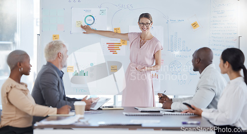 Image of Business woman, speaker or office training on infographic paper, chart documents or whiteboard graph in global presentation. Manager, ceo or leadership startup workshop for teamwork diversity meeting