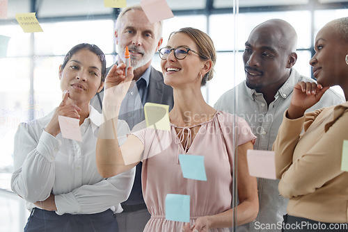 Image of Glass, wall and business meeting with sticky note for team collaboration, innovation and creative planning in office. Business people, strategy and goal by corporate employee group sharing vision