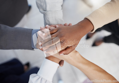 Image of Hands, teamwork and collaboration of business people working in community for goal. Support, trust and group hand motivation team building circle or diversity for work vision, success or target