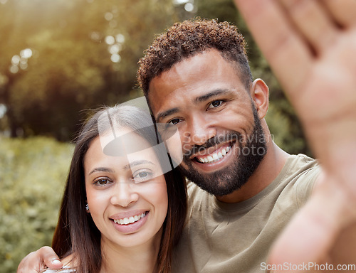 Image of Happy selfie, couple and outdoor nature park with black people with a smile in summer. Portrait of a girlfriend and boyfriend together with happiness and love smiling for commitment anniversary