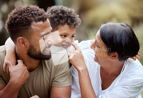 Image of Kid, dad and grandma in park, family have fun at picnic and spending quality time together in Costa Rica. Nature, love and elderly happy woman with man and boy, generations play on summer weekend.