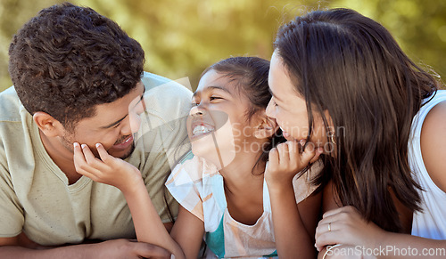 Image of Family, bonding and love smile of a mom, dad and girl together outdoor showing happiness in nature. Happy mother, father and young child feeling happy and parents care in a summer kid park smiling