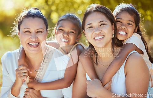 Image of Family, portrait and women relax in a park, bonding with children, mother and grandmother in nature. Love, happy family and kids hug, smile and embrace mom and granny playing in a garden in Mexico