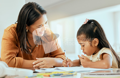 Image of Home school girl, mother and education, learning and studying, writing books and drawing in Colombia house. Young student development, kids growth and mom parent teaching, helping tutor and knowledge