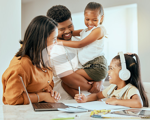 Image of Happy family, education and girl learning on a laptop with her parents, laughing and bond over online class in their home. Love, distance learning and child doing homework with family for support