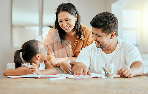 Image of Home school girl, mom and dad education, learning and studying with notebooks in Colombia family home. Happy parents helping young student kids with knowledge, reading development and growth in house