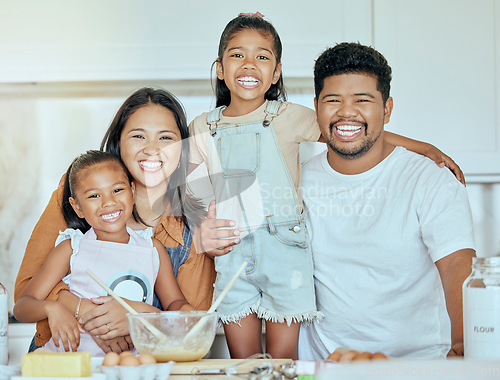 Image of Baking, children and parents in the kitchen for food, dinner or lunch with smile in their house. Portrait of a happy, excited and mother and father with love while cooking breakfast with kids