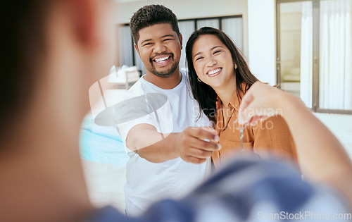 Image of Couple, realtor or house key to real estate sale, mortgage investment success or property purchase with finance loan. Smile, happy or homeowner man and woman with broker in future house security deal