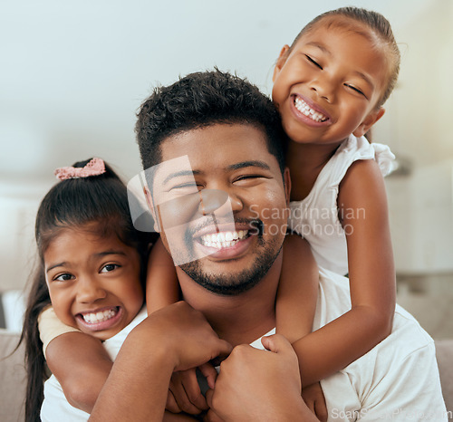 Image of Family, father and children, hug and happy together in portrait at family home while spending quality time. Filipino man, girl and smile, kids and dad hugging, bonding and parenthood, childhood joy.