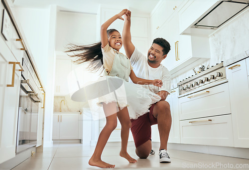 Image of Love, dancing and father with girl in kitchen bonding, having fun and playing together. Family, affection and happiness in Indian dad with child dance, spin and relax in family home enjoying weekend