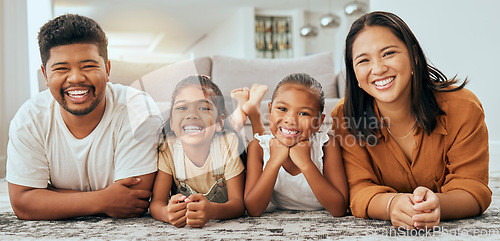 Image of Happy family, relax and portrait on home carpet with young and cheerful filipino children. Daughter, mother and father smile on floor together with happy kids in Philippines family home.