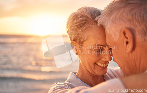 Image of Retirement couple, sunset and beach, hug and love on summer vacation, ocean holiday and nature by mockup. Happy, smile and senior man, woman or people face relax by sea, freedom and outdoor Australia