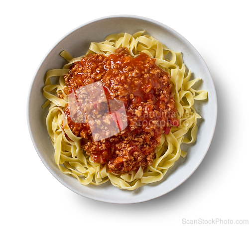 Image of bowl of pasta tagliatelle with bolognese sauce