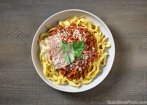 Image of bowl of pasta tagliatelle with bolognese sauce