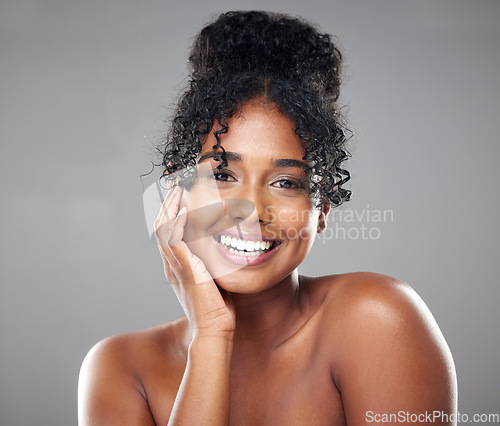 Image of Beauty, skincare and woman smile for natural skin glow, dermatology and wellness in mockup studio background. Face of a happy, relax and black model excited about facial care, wellness of cosmetics