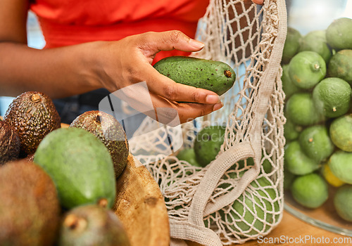 Image of Hands, avocado and bag with a woman customer shopping in a grocery store for a health diet or nutrition. Supermarket, food and retail with a female shopper in a shop produce aisle for groceries