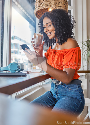 Image of Phone, coffee and woman on social media at a cafe relaxing while enjoying trendy news and online content. Smile, entertainment and happy girl reading posts on a social networking app in a restaurant