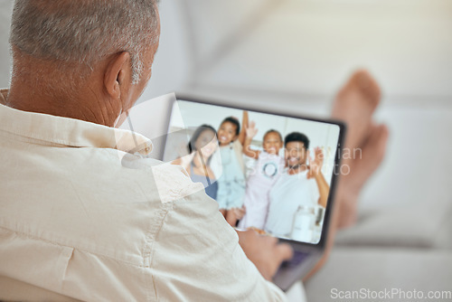 Image of Love, laptop and grandfather on video call communication with children, parents and happy family wave hello at home. Relax senior man with digital photo album or memory gallery of dad, kids and mom