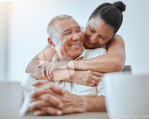 Image of Happy couple, retirement and hug in house for love, relax and break in Colombia family home together. Romance, smile and elderly man, woman and senior people happiness, care and easy living lifestyle