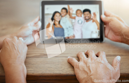 Image of Video call, happy and tablet with family and hands of grandparents for communication, contact and internet. Networking, 5g and technology with man and woman with screen or digital, online and chat