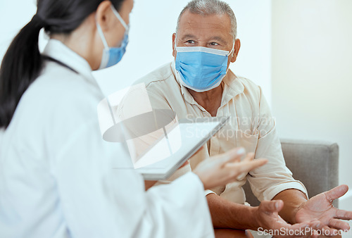 Image of Covid, senior patient and doctor with tablet, discussion for medical results and appointment in hospital. Mockup, medical professional and man with mask talk, speaking and consultation for healthcare