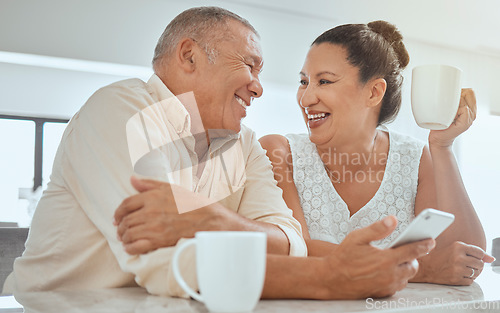 Image of Love, senior couple and phone with coffee, happy and being loving together bonding, retirement and enjoy quality time. Romance, mature man and elderly woman happiness, for relationship