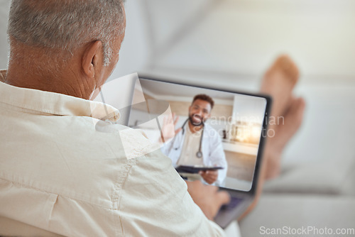 Image of Laptop, healthcare and video call with a patient and doctor in an online medical assessment or remote consultation. Computer, internet and home consulting with a man talking to a health professional