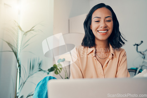 Image of Business woman, remote work home and smile being happy, with laptop and planning for startup company. Female entrepreneur, girl working and confident for strategy, digital device and online research