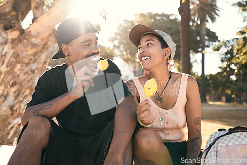Image of Happy, ice cream and couple in nature talking while on an adventure, holiday and journey in Mexico. Happiness, smile and young man and woman eating a dessert while on an outdoor date on vacation.