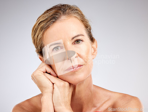 Image of Skincare, beauty and cosmetics for senior woman with dermatology, antiaging and routine against studio background. Lady portrait for wellness, health and facial treatment for wrinkle free skin.