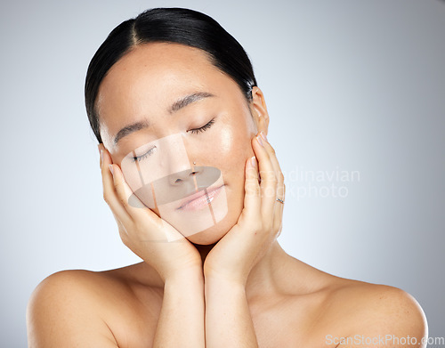 Image of Skincare, asian beauty and woman with glow skin or face in a studio mockup for cosmetics, cleaning or night sleeping facial. Makeup, self care and Japanese model for dermatology mock up background