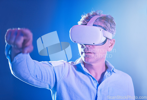 Image of Vr, 3d and futuristic virtual reality with man in a cyber world, ai or virtual game. Future tech app, metaverse and gaming male playing software video games, watching movie or web surfing on headset.