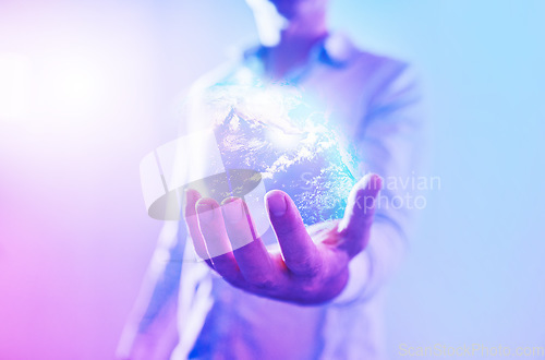 Image of Planet hologram, digital globe and hand of man for futuristic 5g global connection network technology with earth icon. Future space map, innovative future tech and corporate data networking iot icon