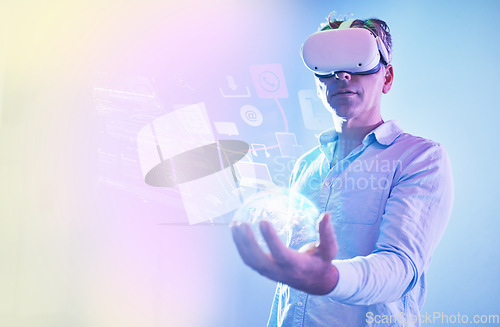 Image of VR, man and global media, networking and metaverse data, world digital transformation or futuristic cyber software innovation. Technology abstract, virtual reality ux design or future user automation