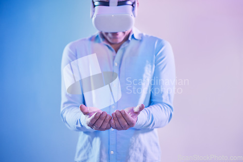 Image of VR, man and innovation in palm hands, cyber marketing and ai futuristic metaverse on color background. Virtual reality, holding advertising space and digital future, user technology or fantasy vision
