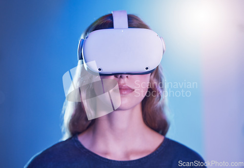 Image of VR science future, woman robot in ai augmented reality, digital technology in cyberspace or gamer user experience. Virtual reality innovation, scifi metaverse gaming or 360 online vision ux glasses