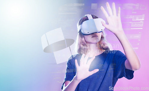Image of Virtual reality, metaverse and information with a woman user accessing a digital world with headset goggles. Future, data and ai with a female using technology to access a cyber network or dashboard