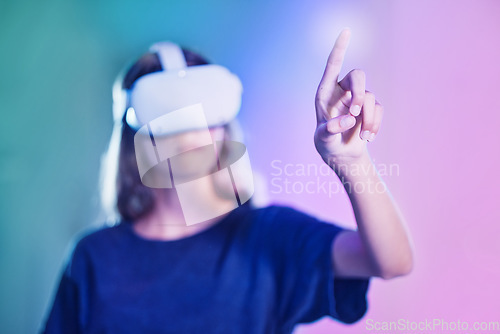 Image of Woman hand with vr headset, ux technology and screen touching virtual reality ai system. Digital transformation in ai metaverse, web button on user website and working online 3d graphic designer