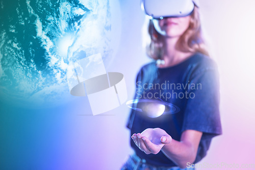 Image of Vr planet, double exposure overlay and gamer girl with space video game on virtual reality with headset high tech hologram of planet. Woman, futuristic metaverse technology and 5g internet connection