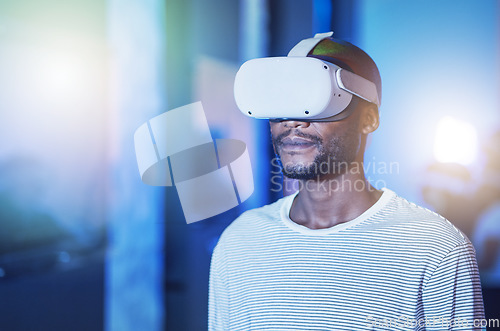 Image of Black man with future glasses, virtual reality in digital innovation and African metaverse user experience. Scifi futuristic vision in tech, gamer streaming cyberspace and online learning ar science