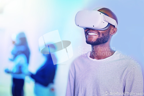 Image of Digital 3d vr headset for gamer with metaverse tech, future and virtual reality cyber innovation, ai and video gaming. Black man in futuristic universe and online avatar game, virtual game or vision