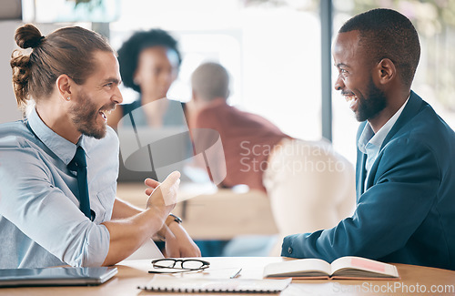 Image of Businessmen, harassment and laughing in office at woman, coworker or colleague together. Friends, judge or gossip about women, sexual or personal for talking, discussion or chatting at workplace