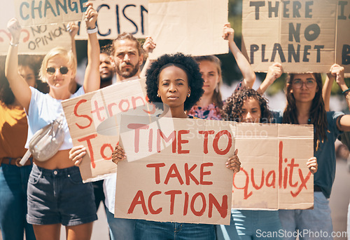 Image of Group, protest and portrait in street, poster or climate change with march, walking or together for change. People, diversity or action in activism, equality or empowerment for racism, lgbt and earth