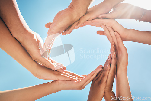 Image of Circle, support and hands of friends for community, collaboration and trust against a blue sky. Group of people in nature helping the environment, giving hope and in solidarity as team during summer