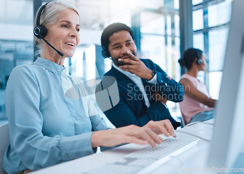 Image of Woman, diversity customer support service employee and smile working for digital call center or online telemarketing business. Crm consultant in office, help desk and consulting colleague for PC help