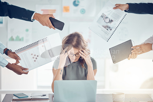 Image of Business woman, anxiety and headache for charts, planning and frustrated in office, workplace or data analyzing. Female entrepreneur, overworked or deadline pressure being tired, paperwork or at desk